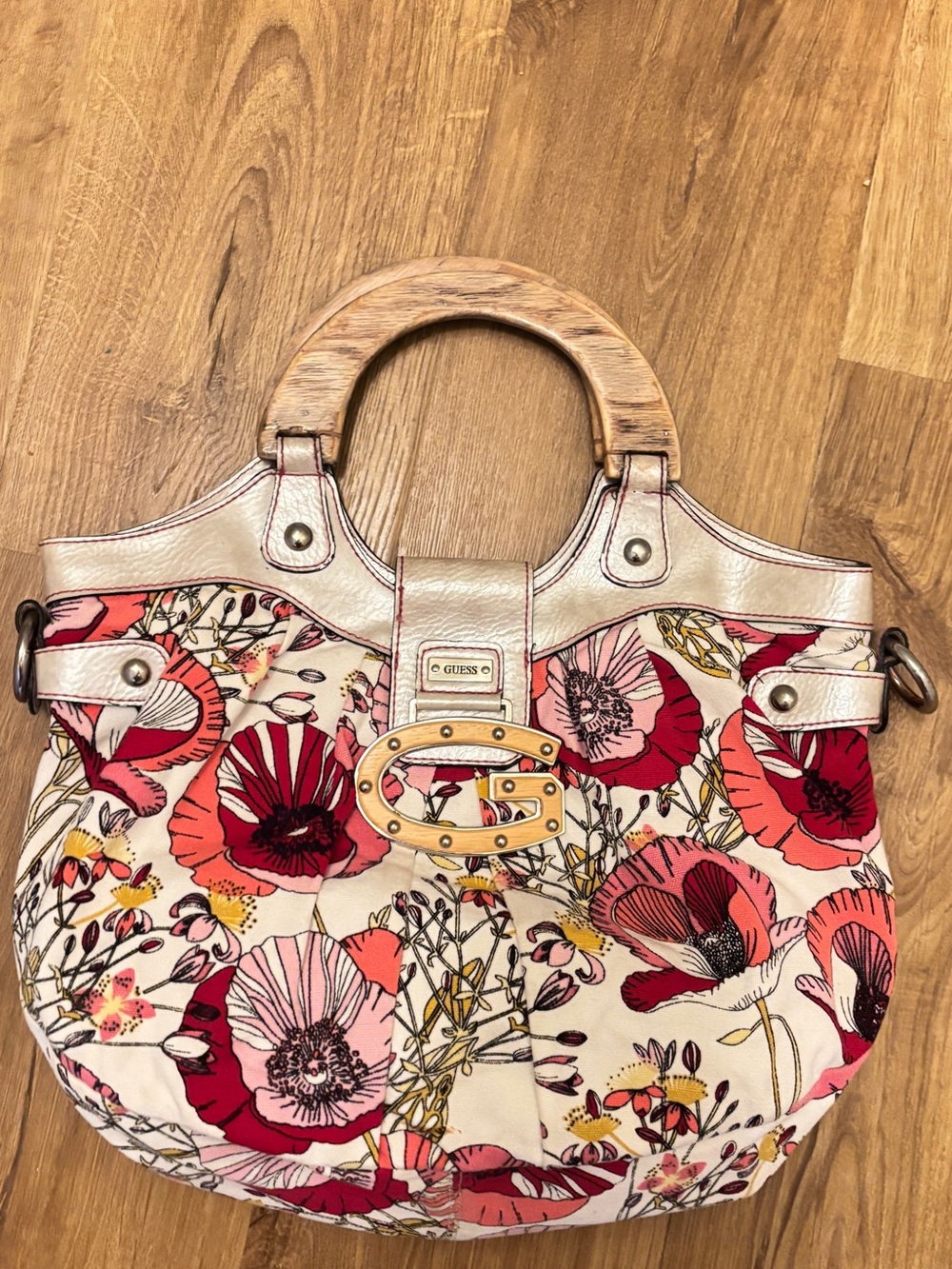 GUESS Floral Poppy Hobo Bag in Pink and Red with Wood Handles